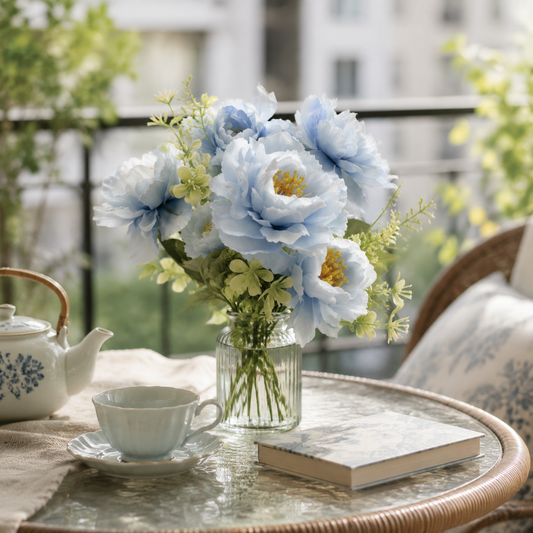 Dusty Blue & White Silk Peony Flower Stem - 6-Petal Artificial Peony for Coastal & Country Cottage Decor (Vase Not Included)