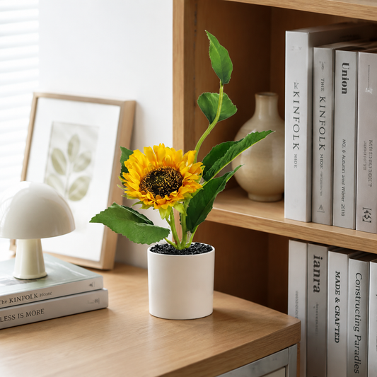 Mini Artificial Sunflower Potted Plant - Realistic Faux Sunflower Bonsai for Desk, Kitchen & Home Office Decor (Cheerful Yellow)