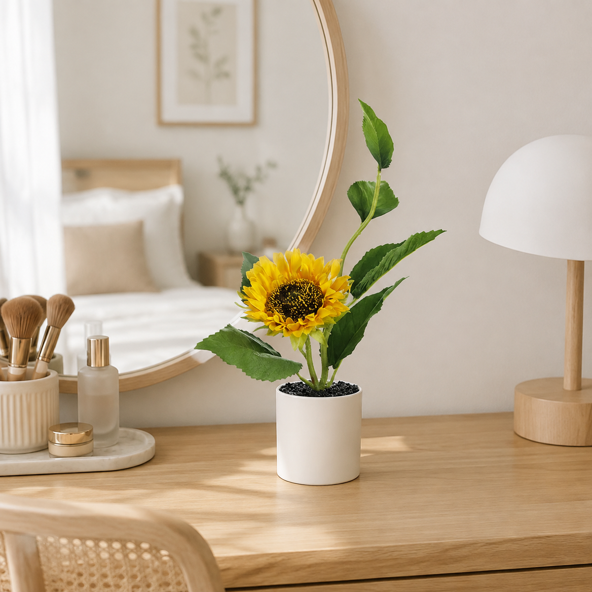 Mini Artificial Sunflower Potted Plant - Realistic Faux Sunflower Bonsai for Desk, Kitchen & Home Office Decor (Cheerful Yellow)